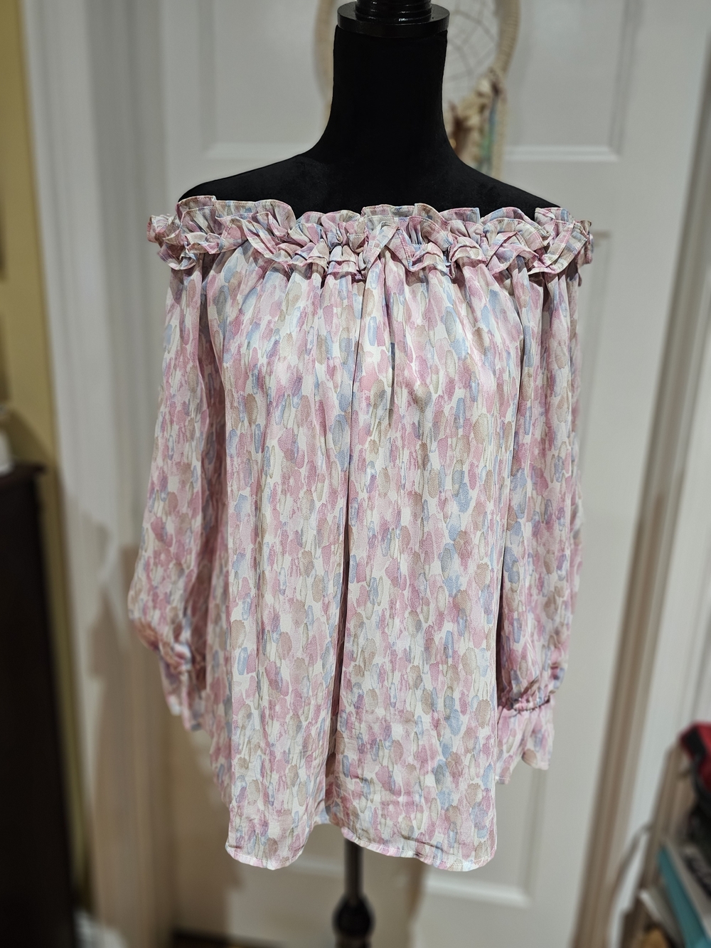 JODIFL Pink Multi-Color Ruffle-Neck Peasant Blouse - Picture 2 of 9
